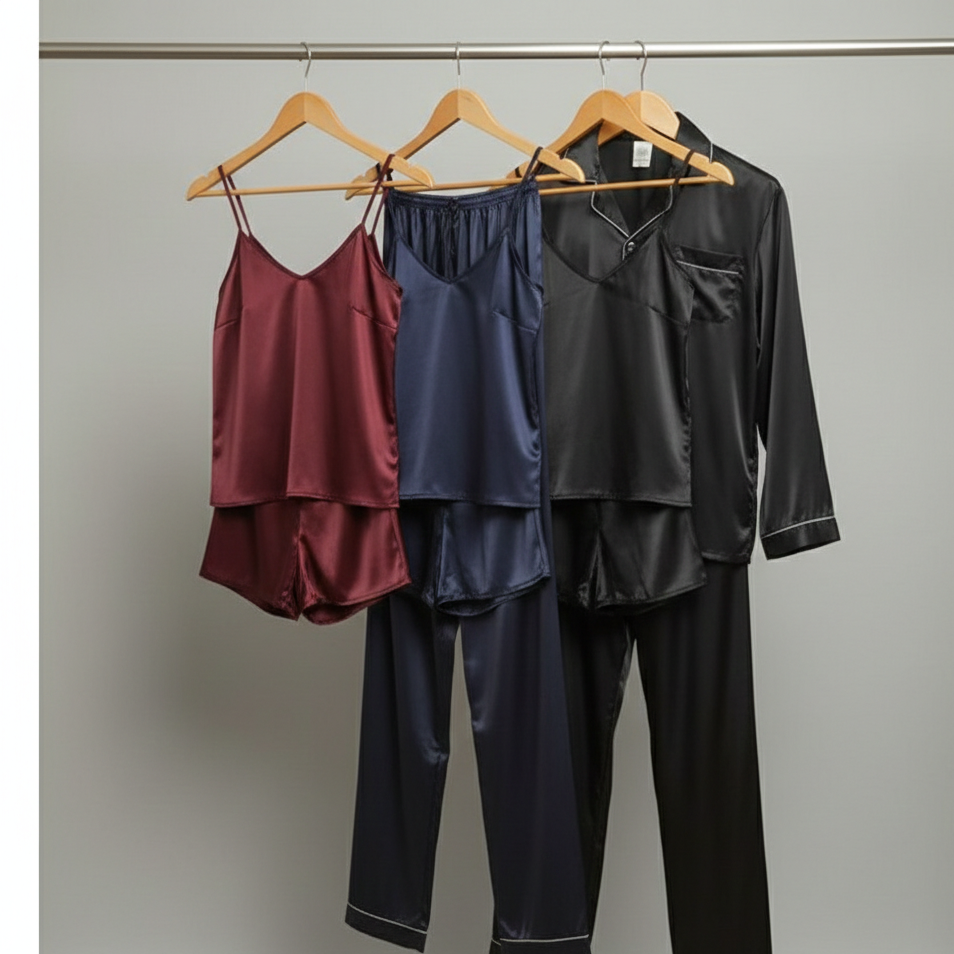 Premium Satin Silk Couple Night Suit Pajama / Short Set – Matching Luxury Nightwear for Men & Women (4 Pcs) | SKU: DC-C010