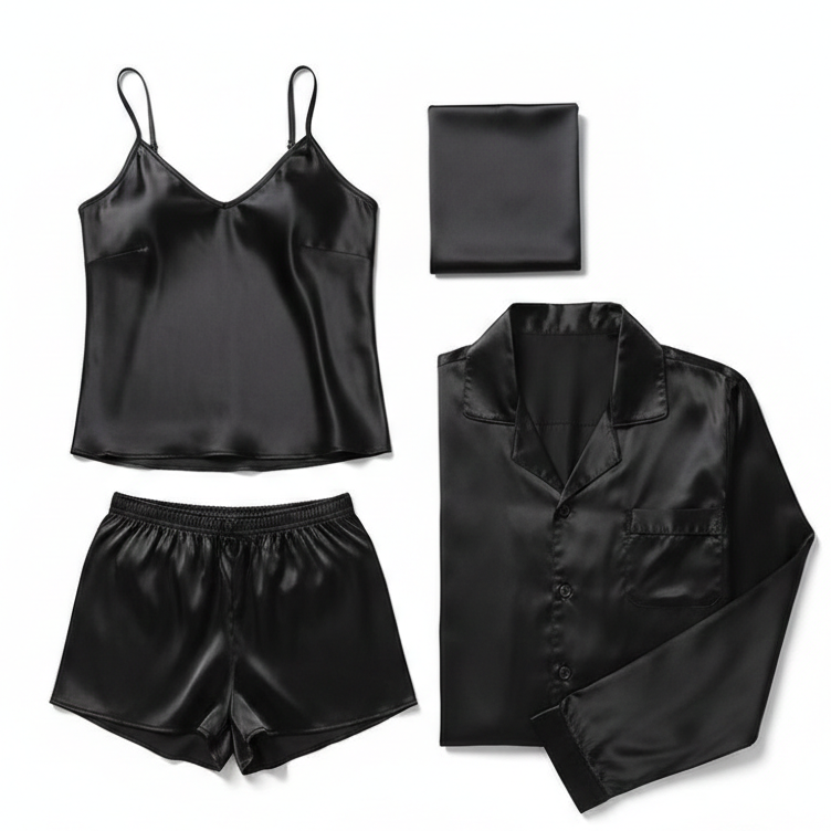 Premium Satin Silk Couple Night Suit Pajama / Short Set – Matching Luxury Nightwear for Men & Women (4 Pcs) | SKU: DC-C010