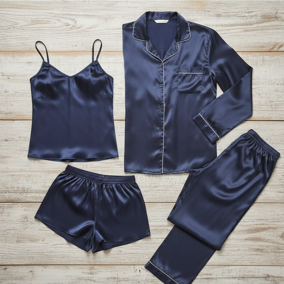Premium Satin Silk Couple Night Suit Pajama / Short Set – Matching Luxury Nightwear for Men & Women (4 Pcs) | SKU: DC-C010